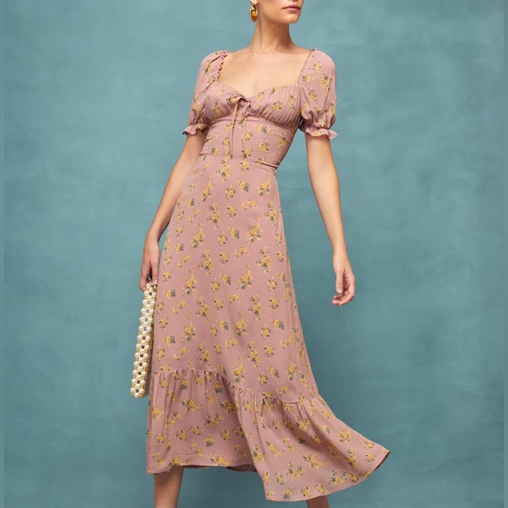 Reformation Floral Midi Dress in Pink and Yellow